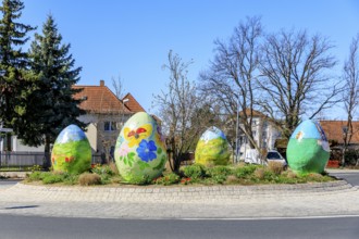 Easter decoration at the roundabout Hauptstraße, Weinböhlaer Straße, Coswig, Saxony, Germany,