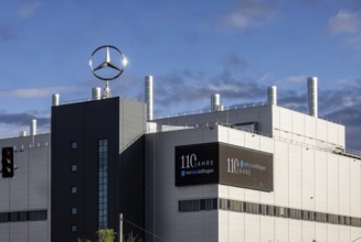Merecedes Sindelfingen. Factory building with rotating Mercedes star. Sindelfingen,