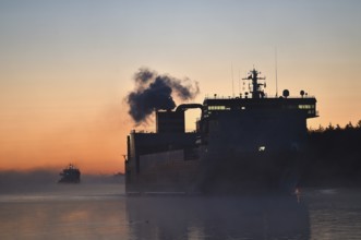 Cargo ship sailing at sunrise on the Kiel Canal, NOK, Kielkanal, Kiel Canal, Schleswig-Holstein,