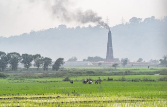 A brick factory chimney smokes as farmers work in an rice agricultural field at Mayong village in