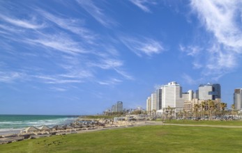 Scenic Israel Tel Aviv coastline seashore promenade with hotels and beaches near Old Jaffa port