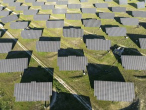 Rows of solar panels at a photovoltaic plant near town of Espejo. Aerial view. Drone shot. Córdoba