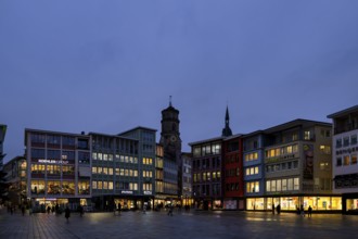 Market square, collegiate church, shops, retail, evening, blue hour, Stuttgart, Baden-Württemberg,