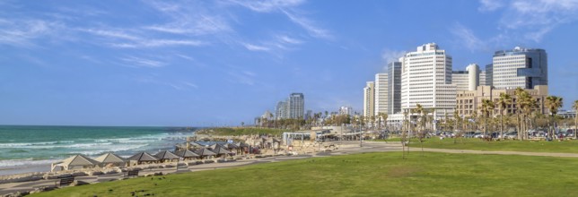 Scenic Israel Tel Aviv coastline seashore promenade with hotels and beaches near Old Jaffa port