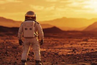 Back view of astronaut in suit standing on red planet Mars. Generative Ai, AI generated