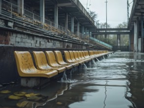 Abandoned soccer stadium submerged in the encroaching surge of a river flood, AI generated