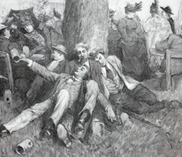 After the fifth measure of beer, drunken fairgoers sleep off their intoxication by a tree, empty