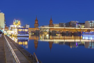 Hostel boat on the banks of the Spree near the Oberbaum Bridge in Berlin, Germany, Europe