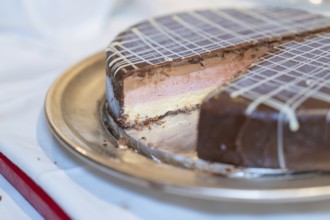 Close-up of an ice cream cake with chocolate, strawberry filling and decorative lattice pattern,