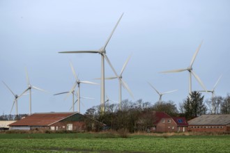 Norden, Lower Saxony, Germany - Wind turbines, wind farm near Norden in East Frisia. In front a