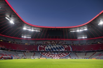 Evening match Allianz Arena, interior, illuminated, logo FC Bayern Munich, blue hour, UEFA