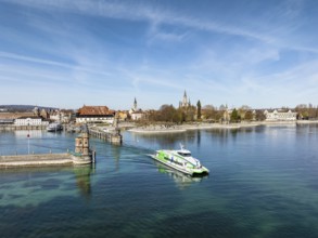 Aerial view of the harbour exit of Constance with the Lake Constance catamaran Fridolin from Lake