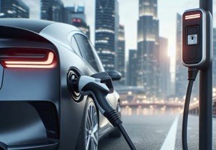 Electric car charging station, charging plug, modern electric car or EV, AI generated