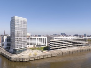 Aerial view of HafenCity HafenCity University Hamburg (HCU) under a clear and blue sky, HafenCity,