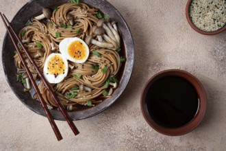 Buckwheat noodles, soba, with shimeji mushrooms, boiled egg, green onion, homemade, no people