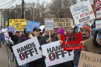 Detroit, Michigan USA - 5 April 2025 - A 'Hands Off' demonstration protests the Trump