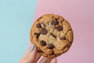 Woman's hand holding single chocolate chip cookie in front of pastel pink and blue background.