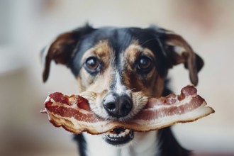 Portrait of dog holding slice of fried bacon in mouth. Generative Ai, AI generated