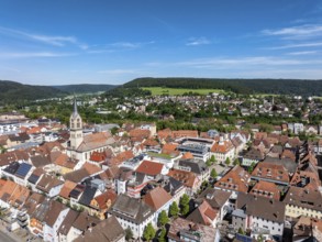 Aerial view of the city centre of Tuttlingen with the Protestant church of St. Peter and Paul,