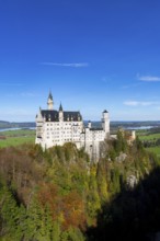 Picturesque view of Neuschwanstein Castle with towers and surrounding forests, Schwangau,