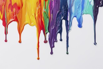 Thick acrylic or oil paint colors dripping from white wall. KI generiert, generiert, AI generated