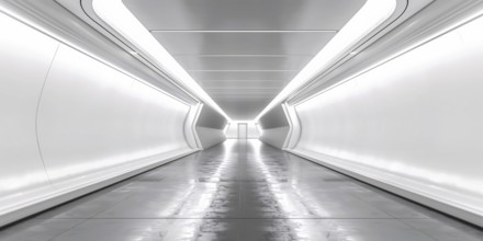 Futuristic long bright white hallway. Generative AI, AI generated