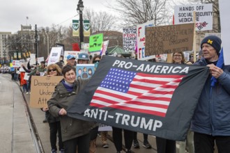 Detroit, Michigan USA - 5 April 2025 - A 'Hands Off' demonstration protests the Trump