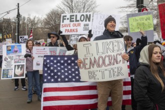 Detroit, Michigan USA - 5 April 2025 - A 'Hands Off' demonstration protests the Trump