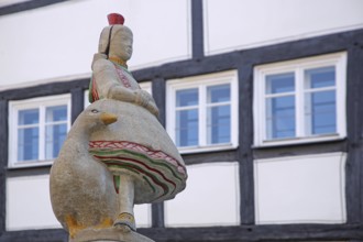 Schwälmer fountain with Little Red Riding Hood and goose figure, Gänseliesel, fairy tale figure,