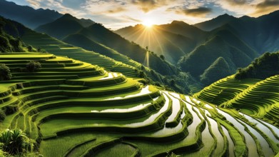 Early morning light bathes Philippines rice terraces cascading down mountain slopes, AI generated