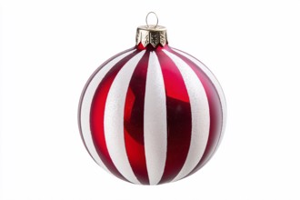 Single red and white striped Christmas bauble ornament on white background. Generative Ai, AI