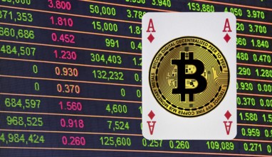 Symbolic image, Bitcoin as an ace in a pack of cards, stock market prices, insecure digital