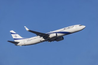 Aircraft climbing after take-off at Fraport Airport. Aircraft registration: 4X-EHB, Boeing 737, El