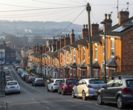 Victorian terraced housing with small front gardens, Arboretum Avenue, inner city of Lincoln,