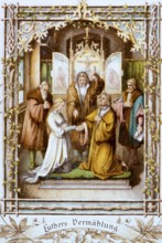 Luther marries Katharina von Bora in 1499, wedding scene in front of the altar in the church, altar