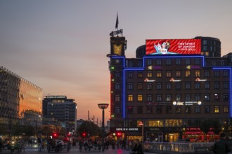 Neon sign, City Hall Square or Rådhuspladsen in the evening, Hans Christian Andersen's Boulevard,