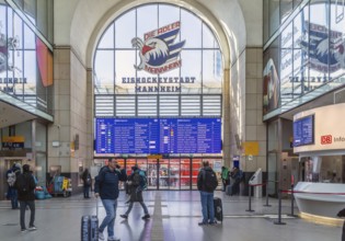 Central station with display board inside the station. Mannheim, Baden-Württemberg, Germany, Europe