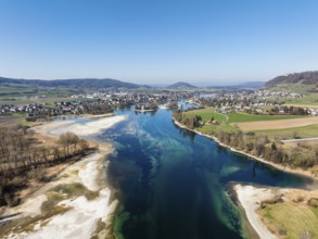 Aerial view of Lake Constance at low tide, Untersee, also known as Lake Rhine, which flows into the