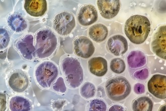 Close-up of microscopic cells of bacteria in different colours, AI generated, AI generated