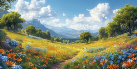 Illustration of a beautiful landscape with a meadow of flowers, blue sky and imposing clouds.