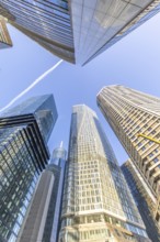 Look up in the morning in the middle of the skyline. Tower blocks and modern glass fronts at