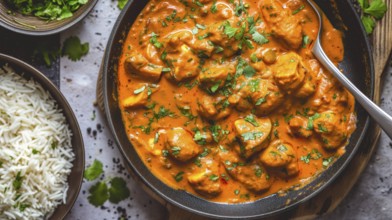 Tikka Masala Vegan, Indian Mushroom Curry served with rice and garnished with fresh coriander, KI