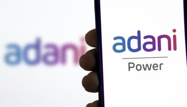Adani Green Energy Limited on screen in front of business logo.