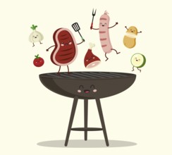 Funny Characters Assorted Delicious Grilled Meat with Vegetables over the Coals on Barbecue