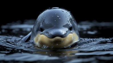 Vaquita porpoise or cochito (Phocoena sinus) with a calm expression emerging from dark rippling