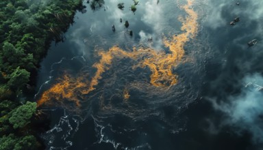 Aerial shot of boiling river in Amazon with vivid flames and smoke indicating severe environmental