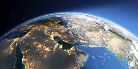 Highly detailed Earth with atmosphere, exaggerated relief and light-flooded cities. Transition from