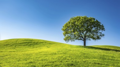 Tranquil and minimalistic scene of a tree on a green hill under a clear blue sky, ai generated, AI