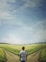 Conceptual painting with a doubtful person at a crossroad choosing the correct path between left