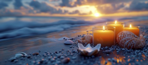 Relaxing beach scene at sunset with candles and seashells, creating a soothing atmosphere with